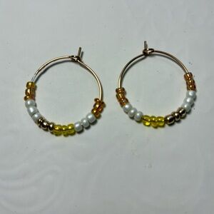 Bronze Hoop Earrings with White and Yellow Beads - Women Jewelry